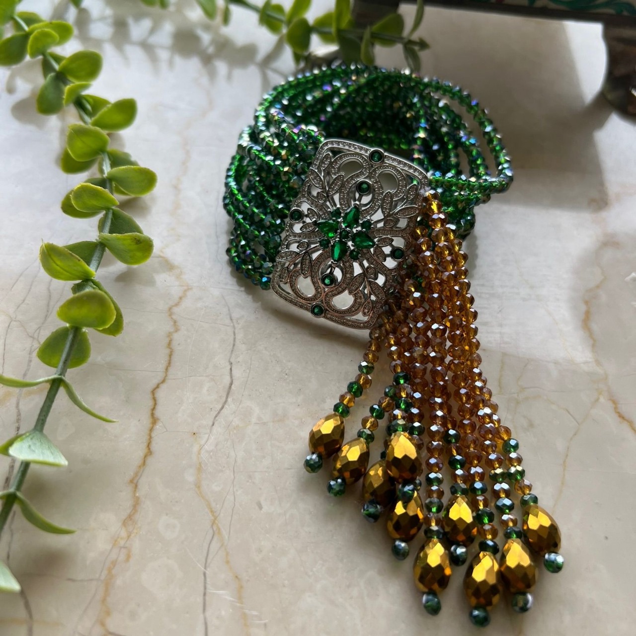 11 Line Crystal Bracelet having Zircon Charm and Crystal Tassel Elastic Easy to Wear Green