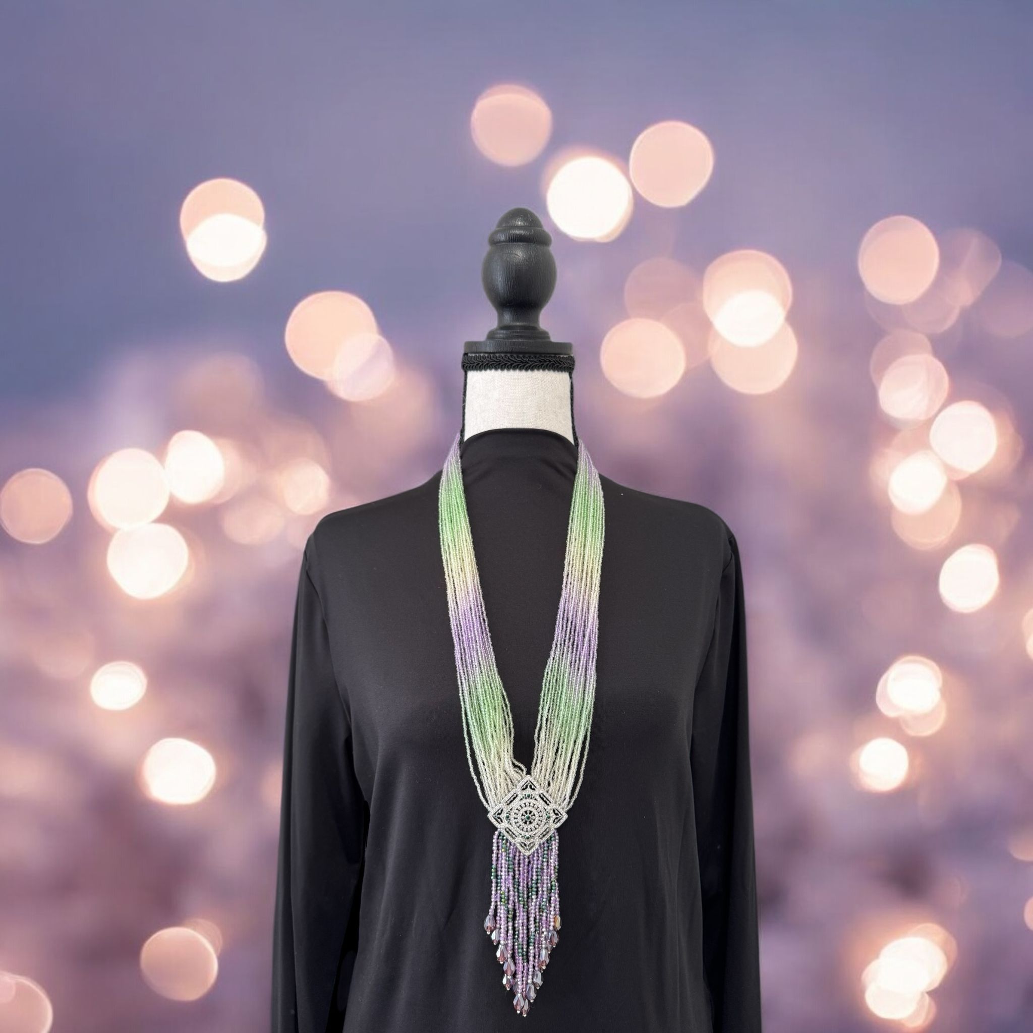 Long Shaded Small Crystal Beaded Square Pendant Necklace with Heavy Tassel Green