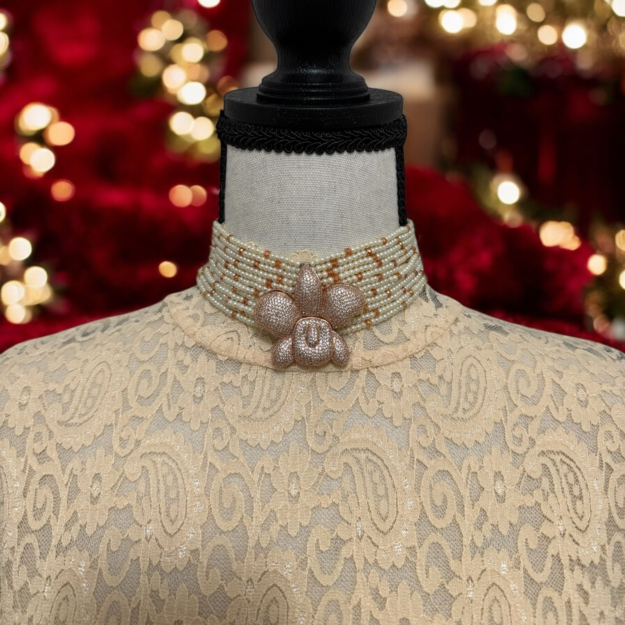 Crystal and Pearl Choker with Zircon Orchid Pendant