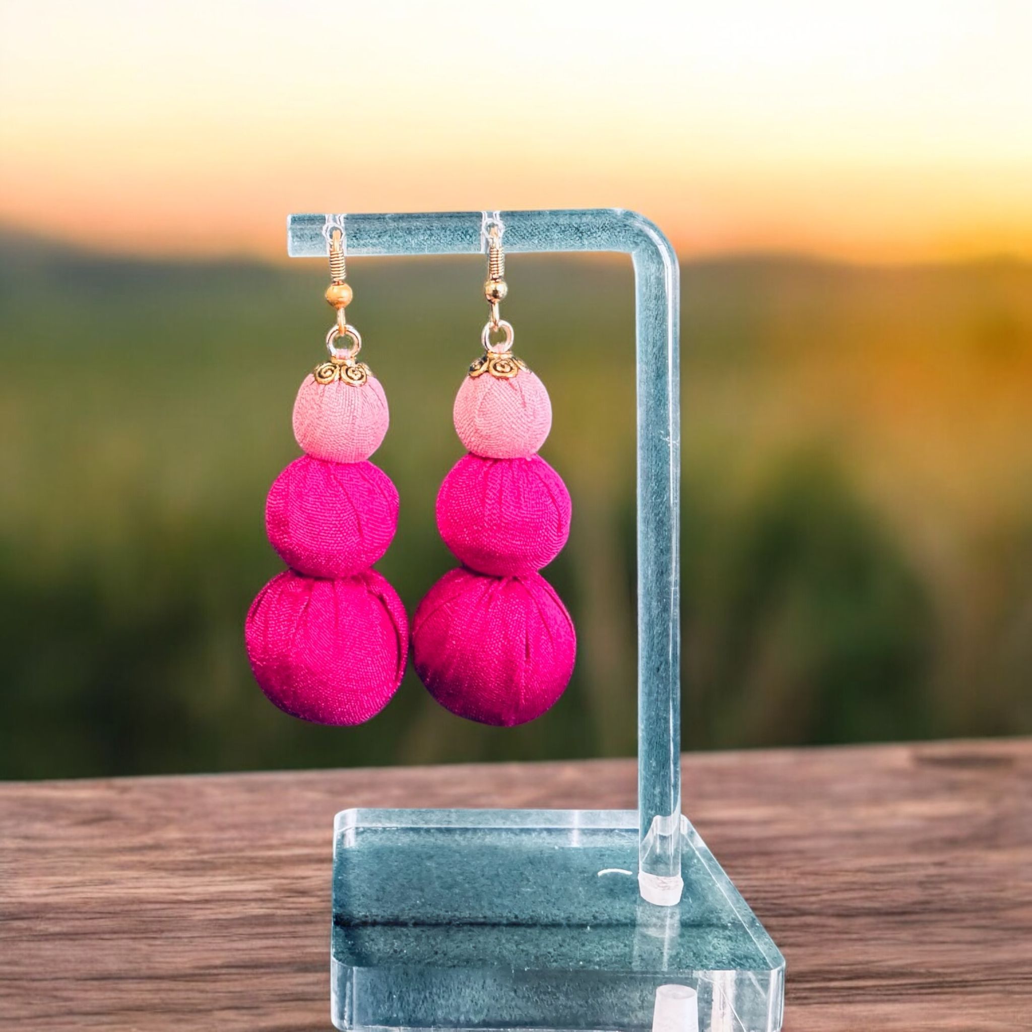 Silk Textile Earing Pink Beads