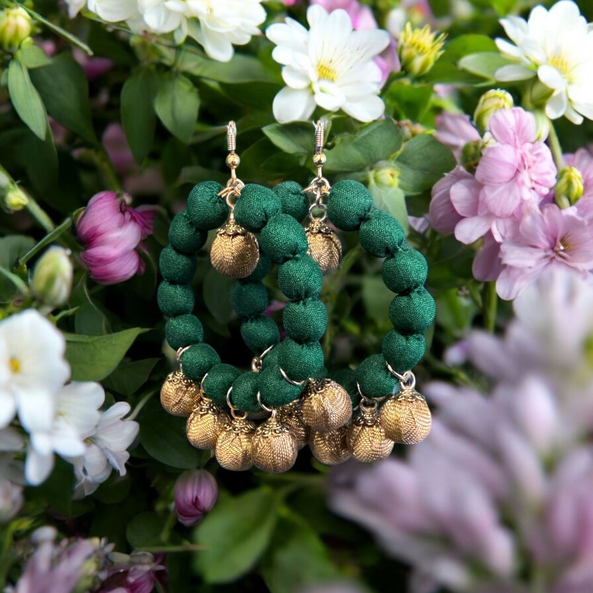 Silk Textile Earring Green And Gold Hoop